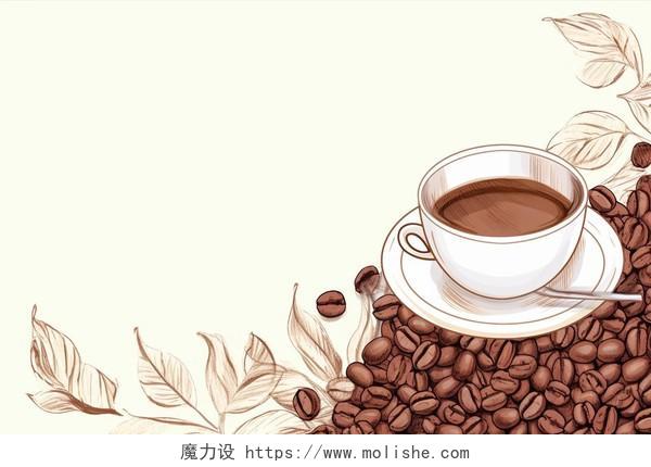 咖啡豆和杯子彩铅手绘AI插画
